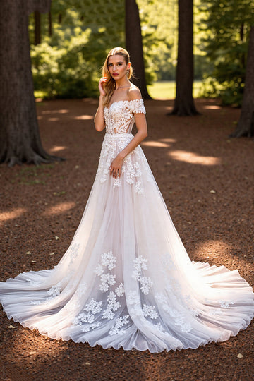Off The Shoulder White Appliqued A Line Wedding Dress
